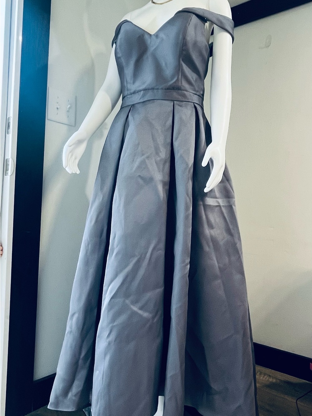 Xscape Off-Shoulder Pleated Evening Gown in Slate Lavender
